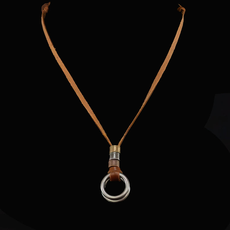 Leather necklace with a silver ring pendant.