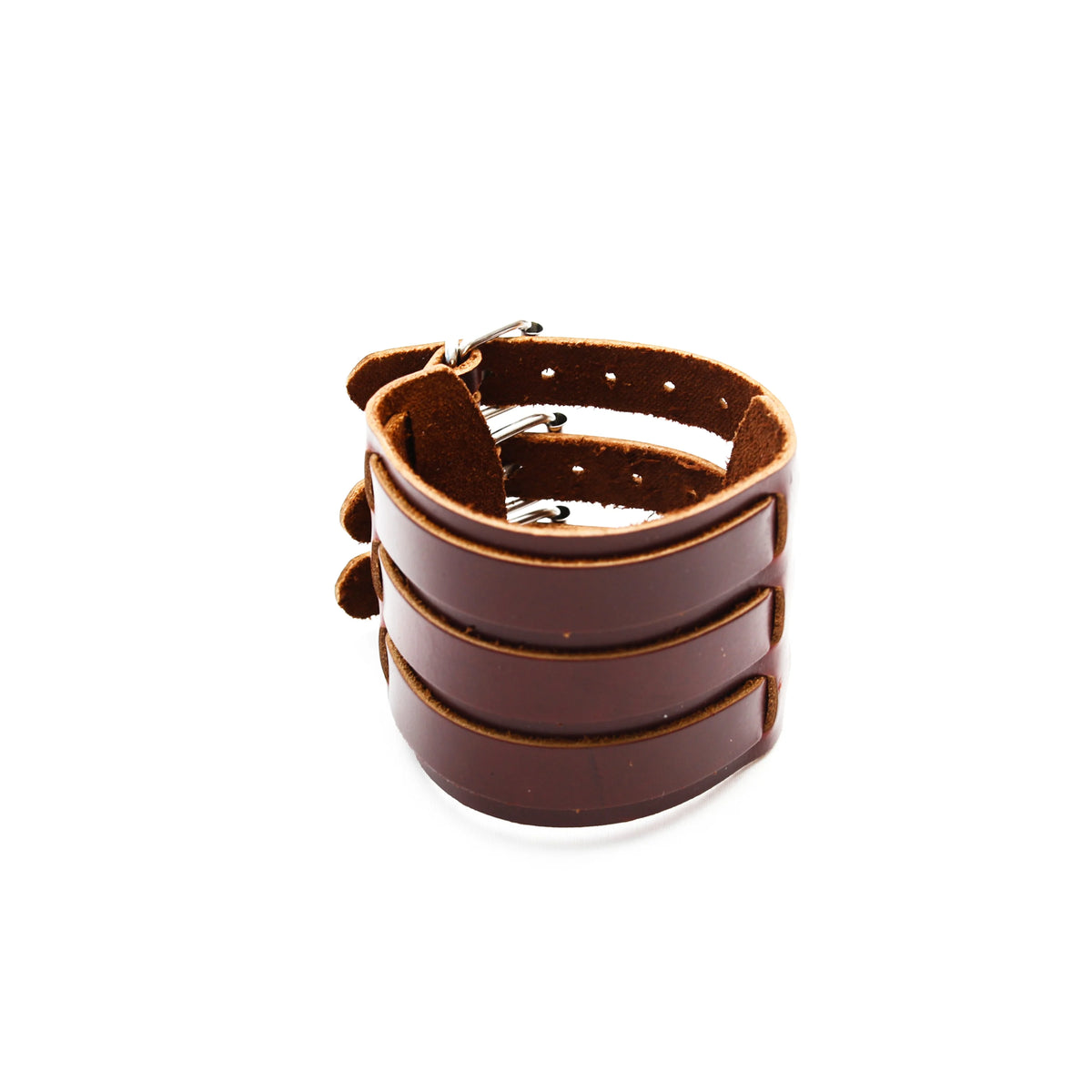 Brown leather cuff bracelet with three wide bands.