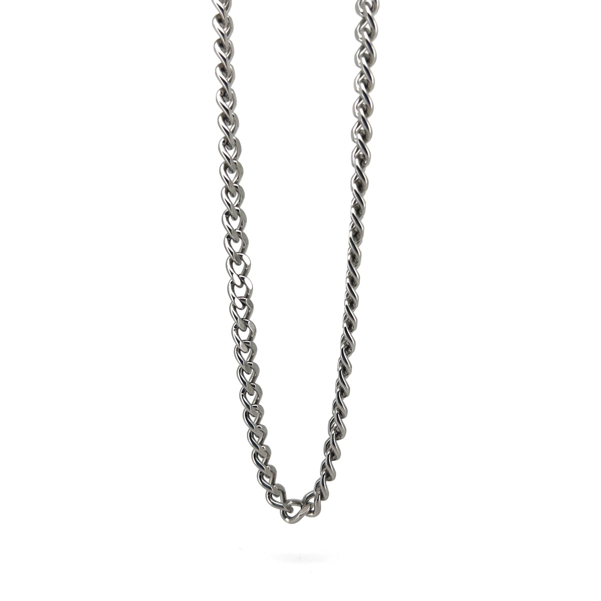 Silver chain necklace with interlocking links.