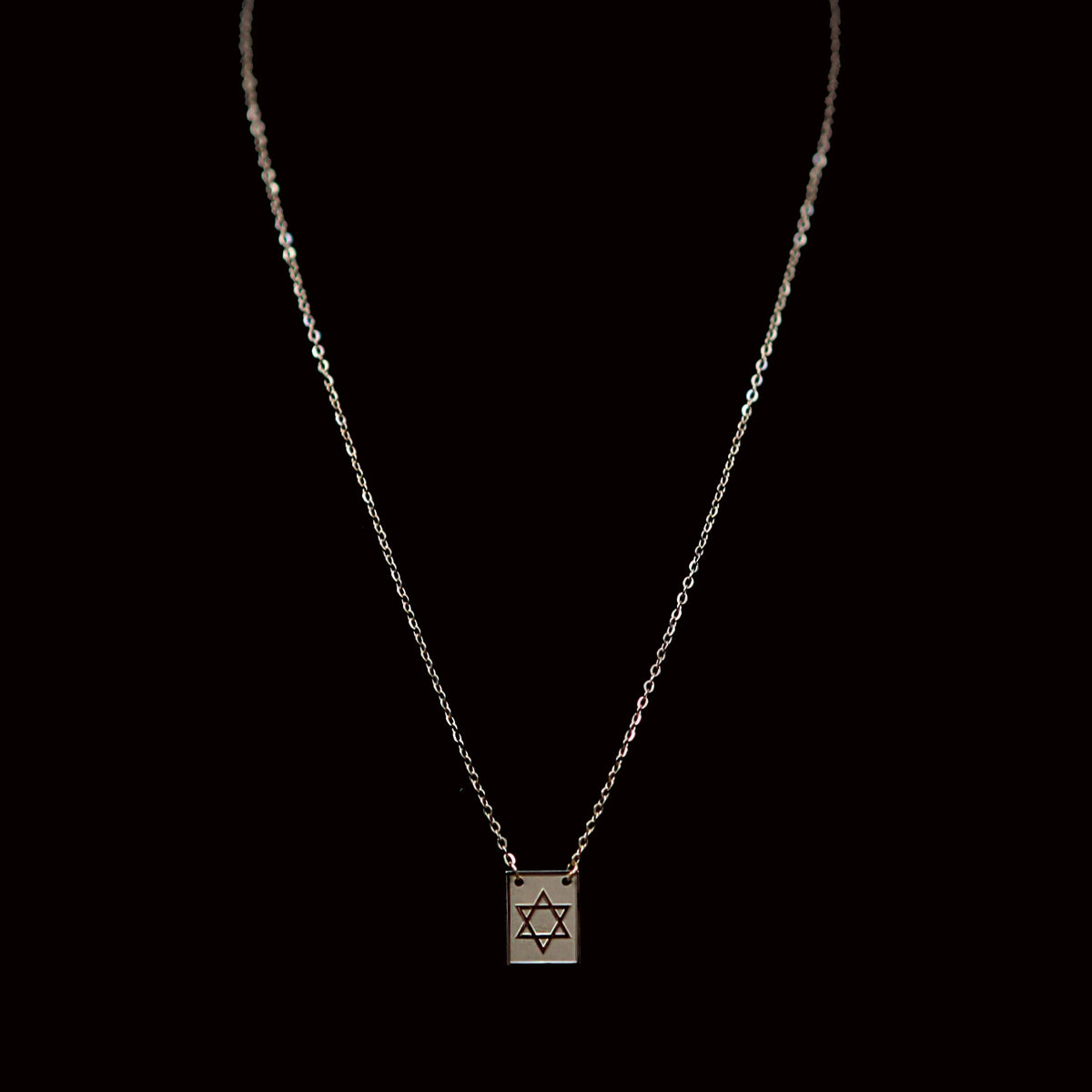 Silver necklace with a pendant featuring the Star of David symbol.