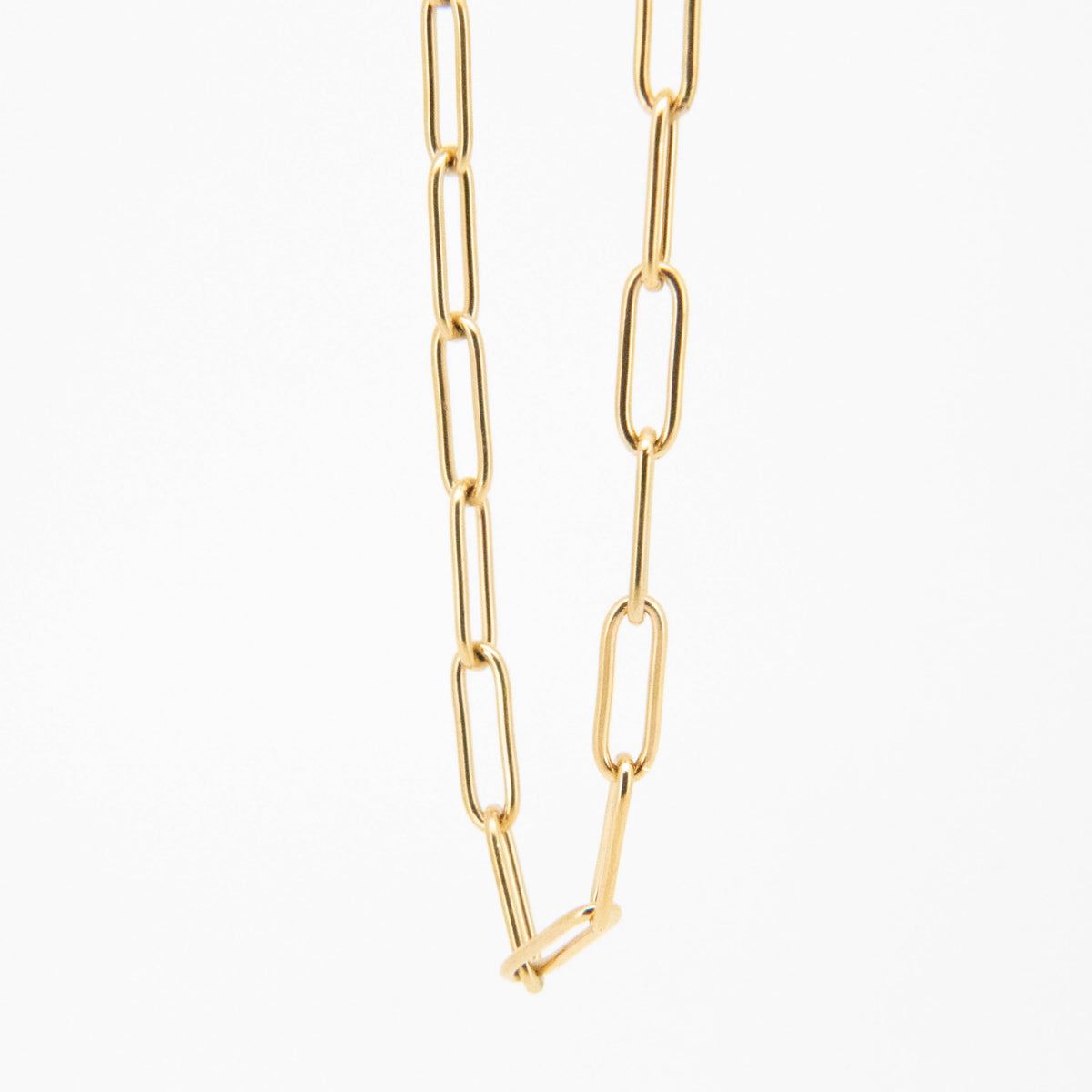 Gold-toned chain necklace with elongated rectangular links.