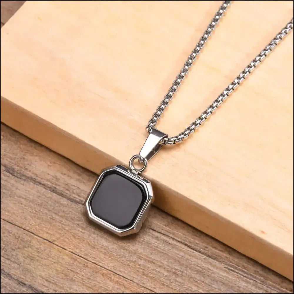 Kare Steel Box Chain Necklace with Square Stone Pendant - BERML BY DESIGN JEWELRY FOR MEN