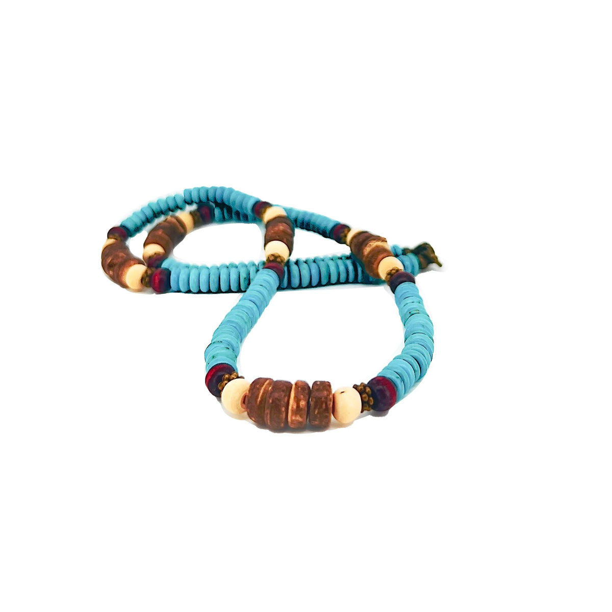 Beaded necklace with turquoise and brown wooden beads.