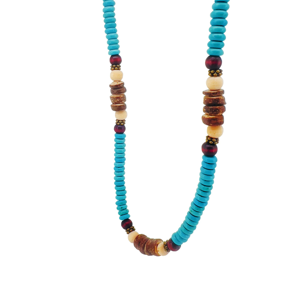 Colorful beaded necklace featuring turquoise, brown, and cream-colored beads.