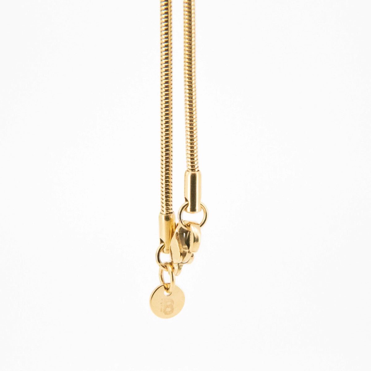 Gold-plated snake chain necklace with a circular pendant.