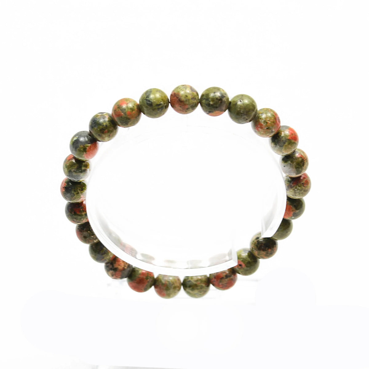 Beaded bracelet made of round, mottled green and reddish stones.