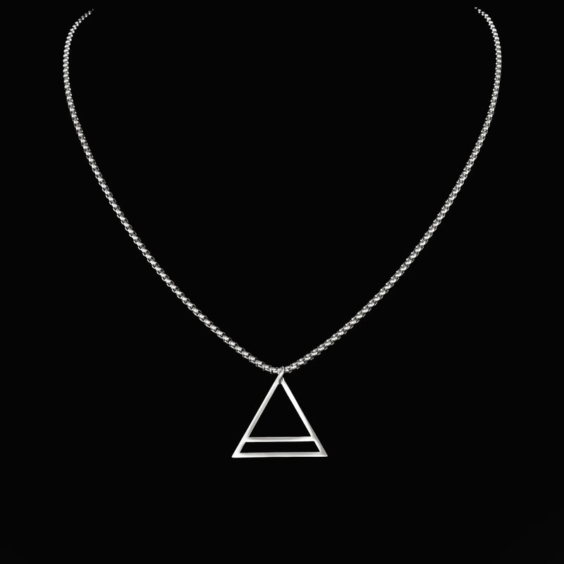 Silver necklace with a triangular pendant featuring a horizontal line across the middle.