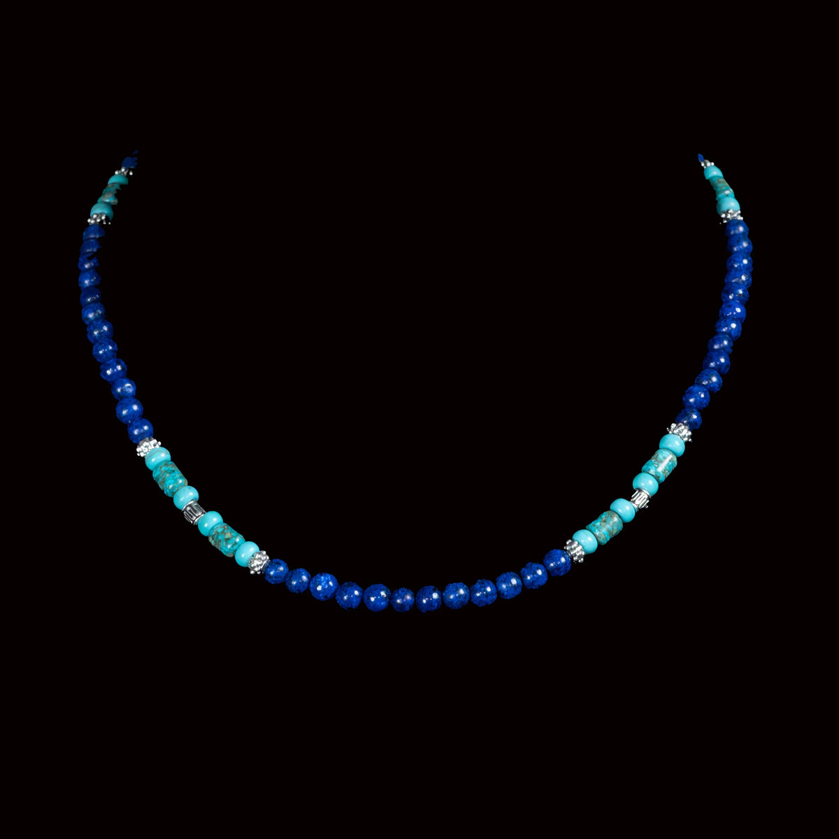 Necklace made of blue and turquoise beads.