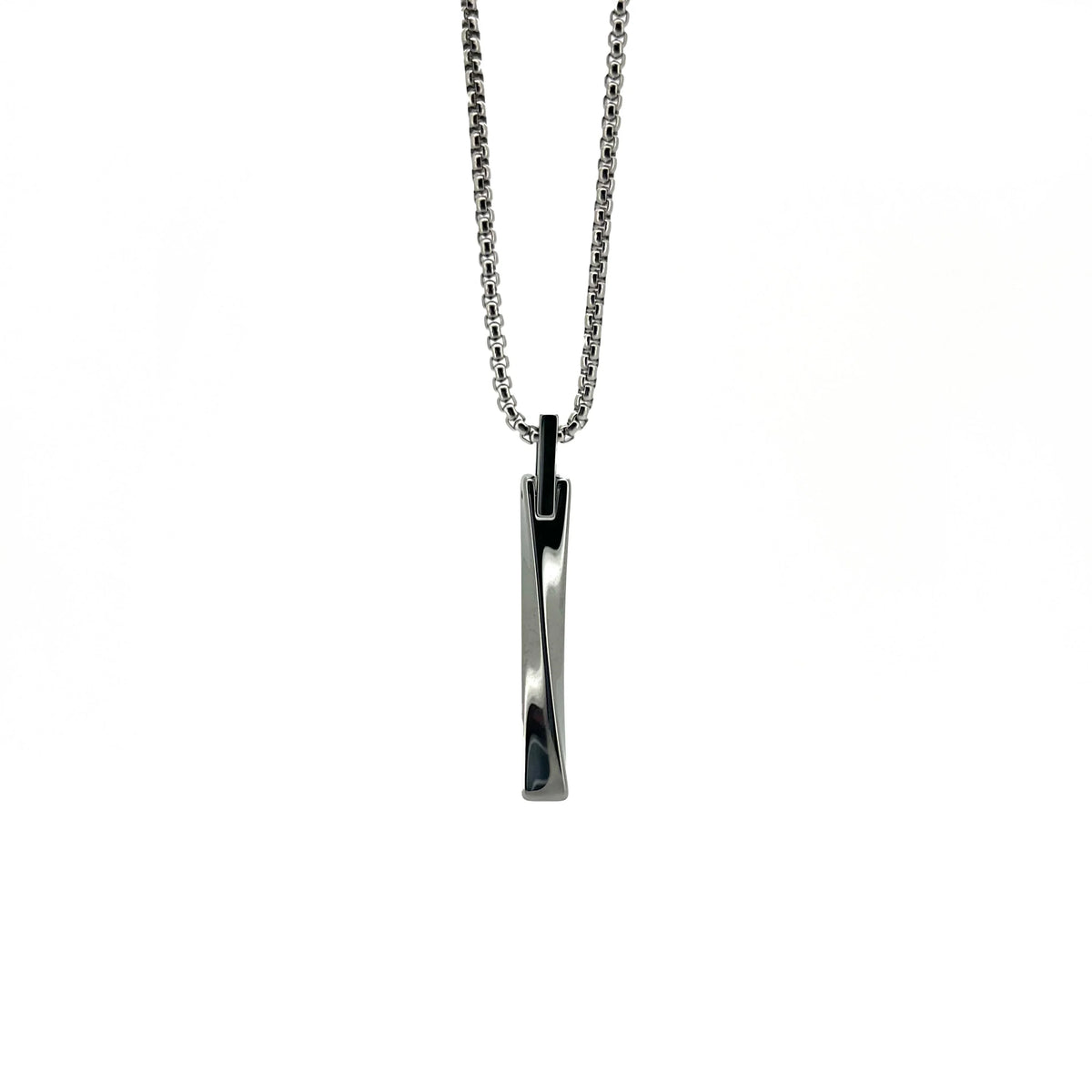 Silver twisted bar pendant necklace with a box chain.