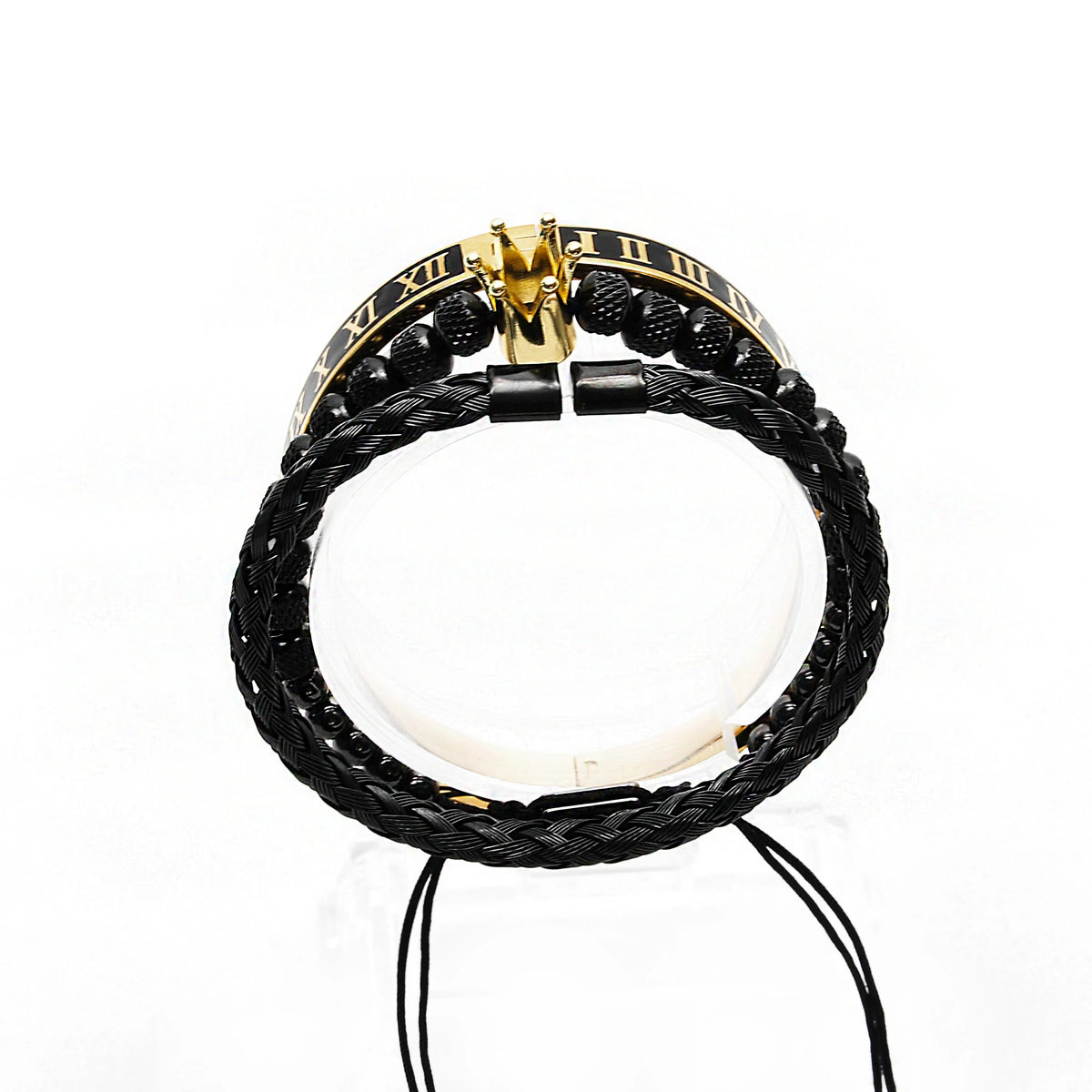 Black braided leather bracelet with a gold and black Roman numeral centerpiece.