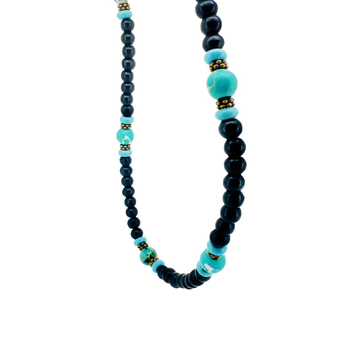 Beaded necklace with black and turquoise beads interspersed with decorative metal accents.