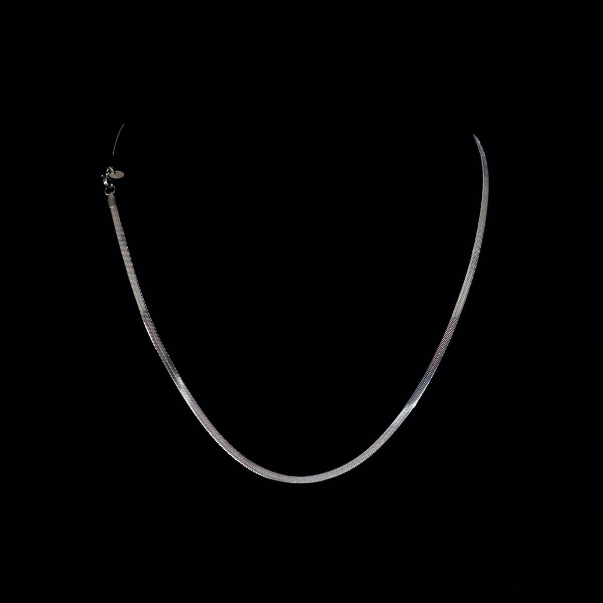 Simple silver curved necklace chain against dark background.