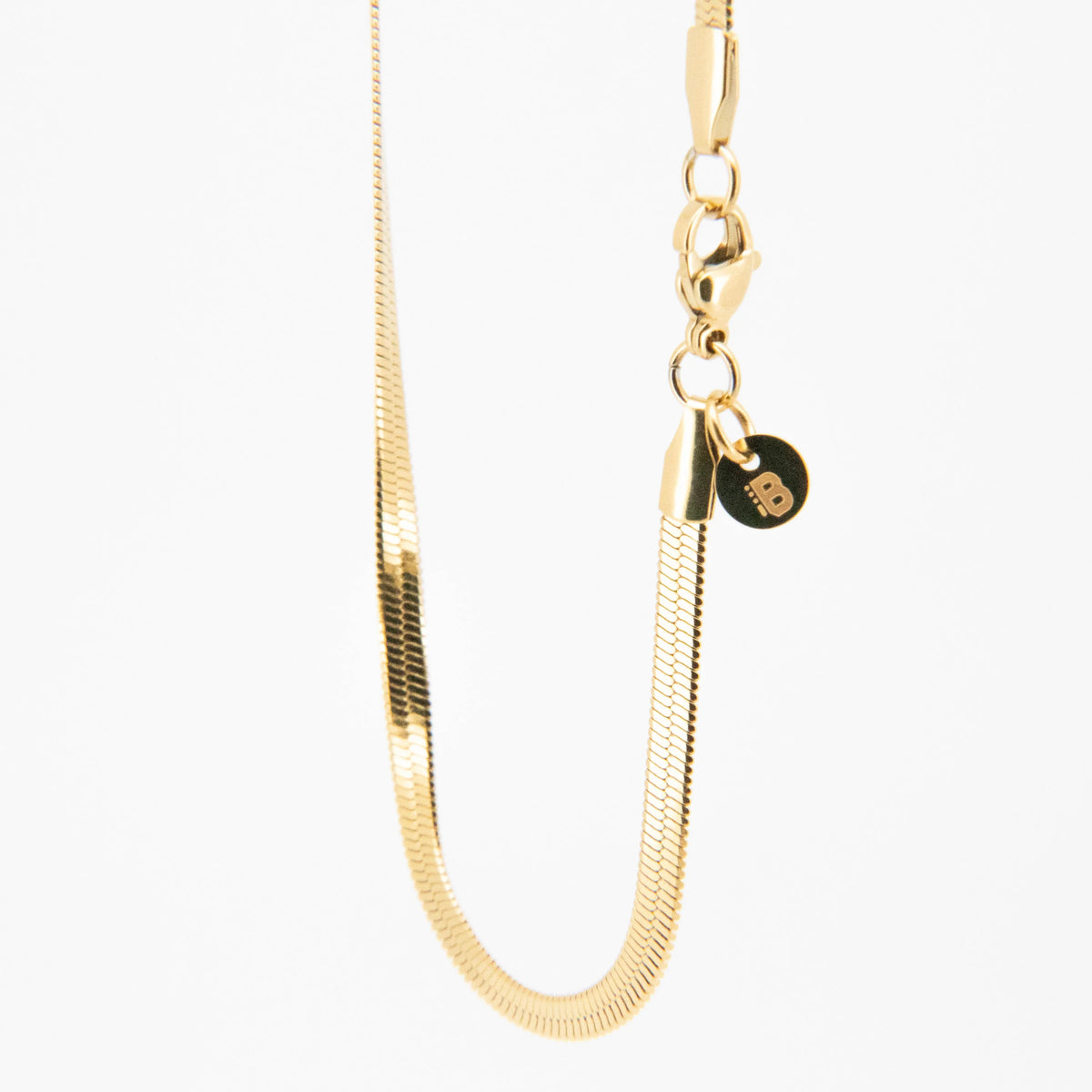 Gold-toned flat snake chain necklace with a clasp and charm.