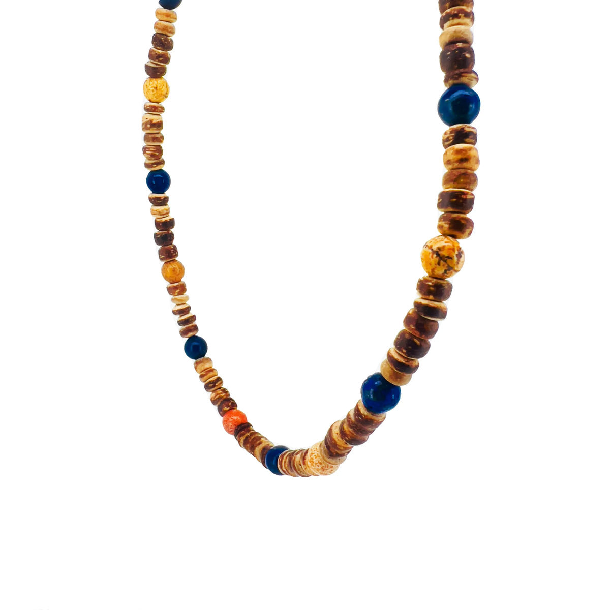 Beaded necklace with wooden and colorful stone beads.