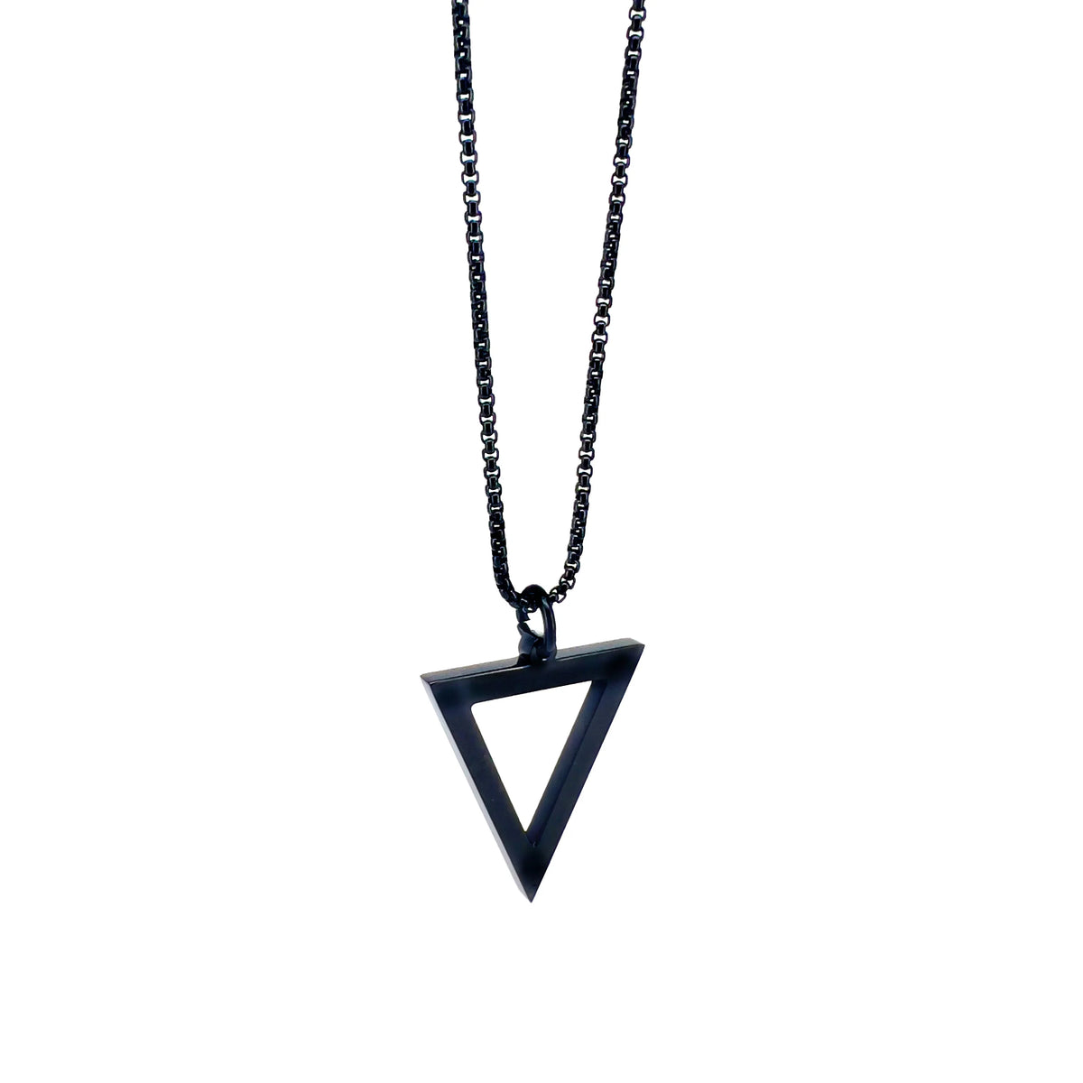 Black triangular pendant on a thin chain necklace.