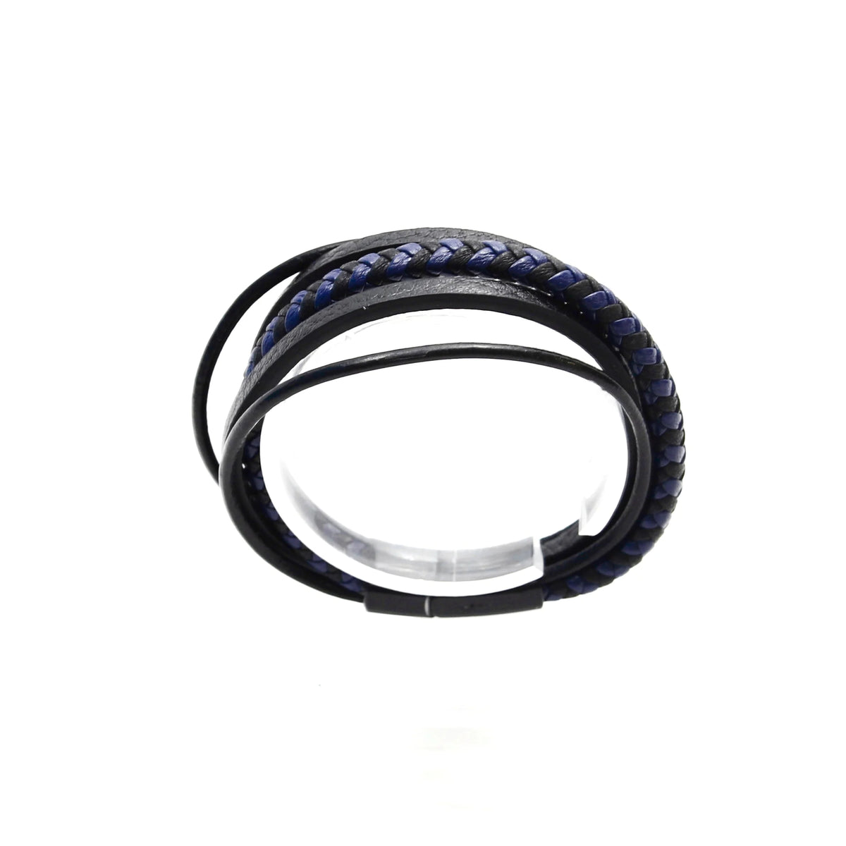 Leather bracelet with braided blue and black strands.