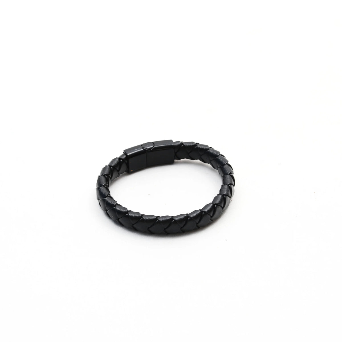 Black braided leather bracelet with a metal clasp.