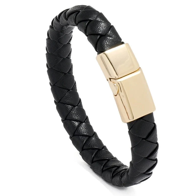 Black braided leather bracelet with a gold-colored metal clasp.