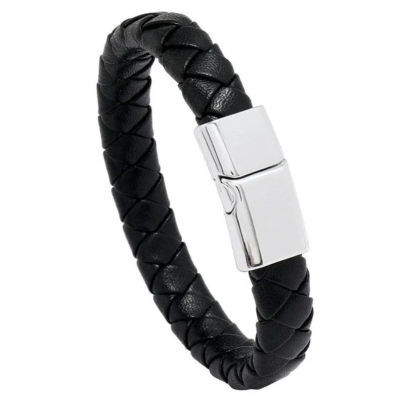 Black leather bracelet with a silver metal clasp.