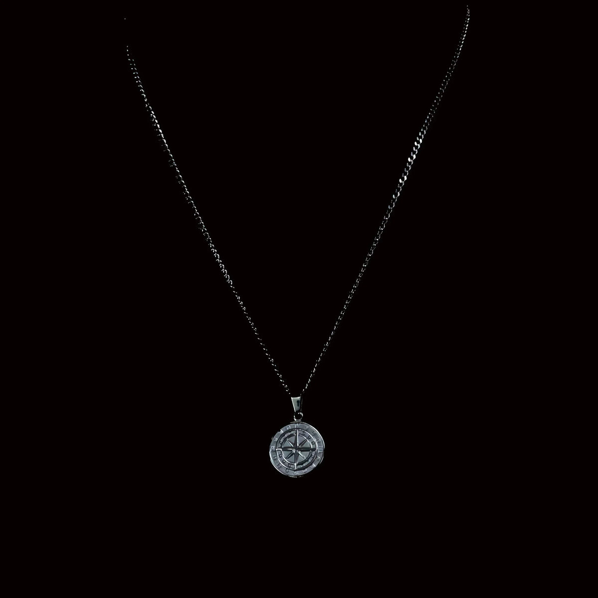 Silver compass pendant on a thin chain necklace.