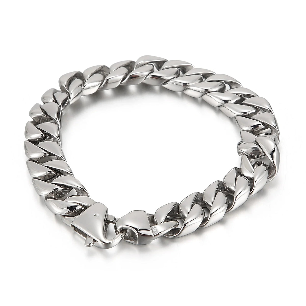 Silver chain bracelet with thick, interlocking links.