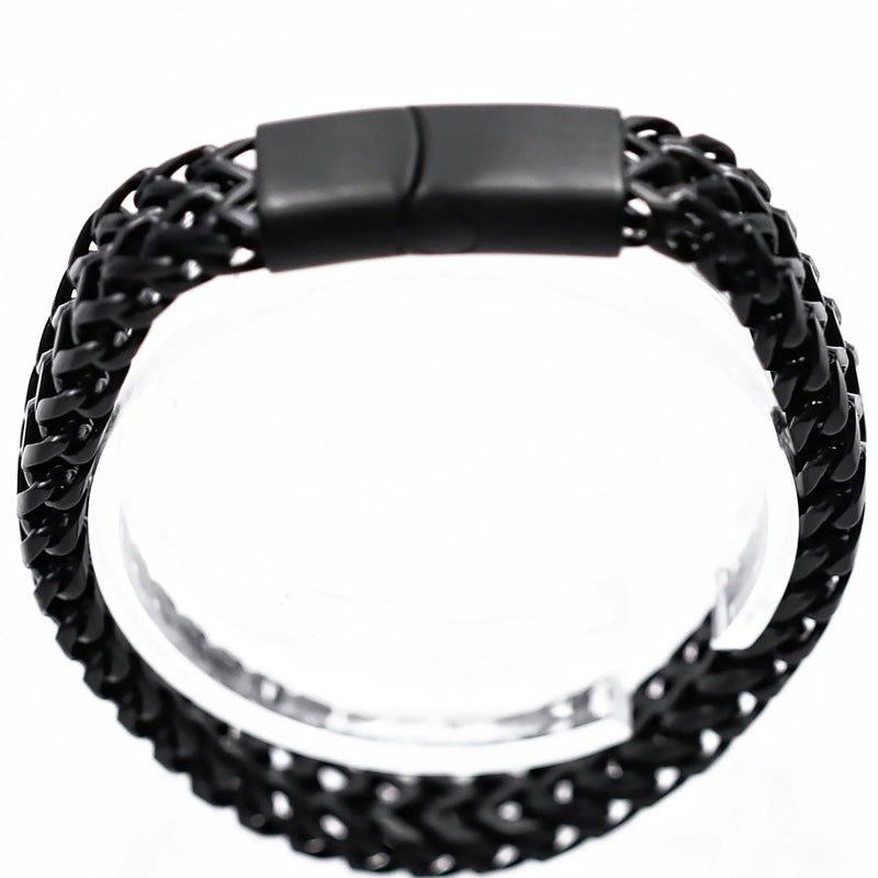 Black metal chain bracelet with a rectangular clasp.