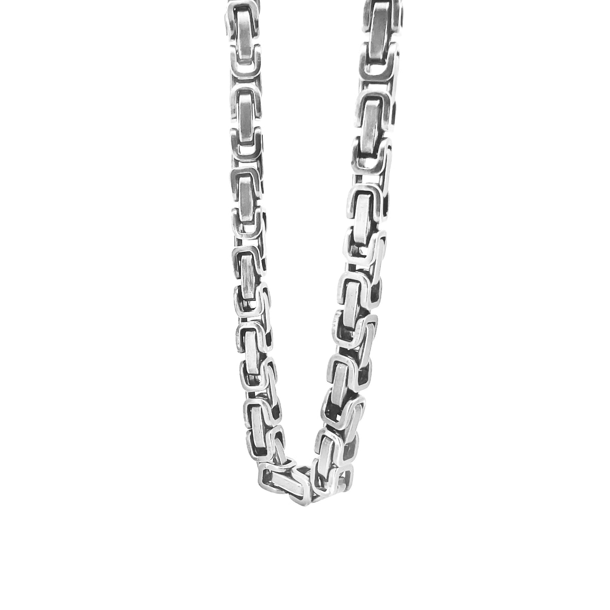 Silver chain necklace with interlocking rectangular links.