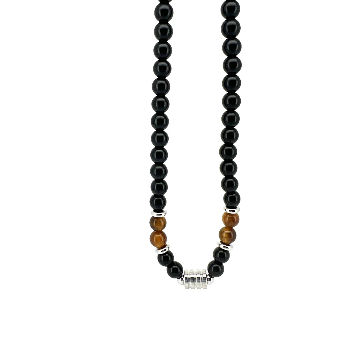 Beaded necklace with black, brown, and silver-colored beads.