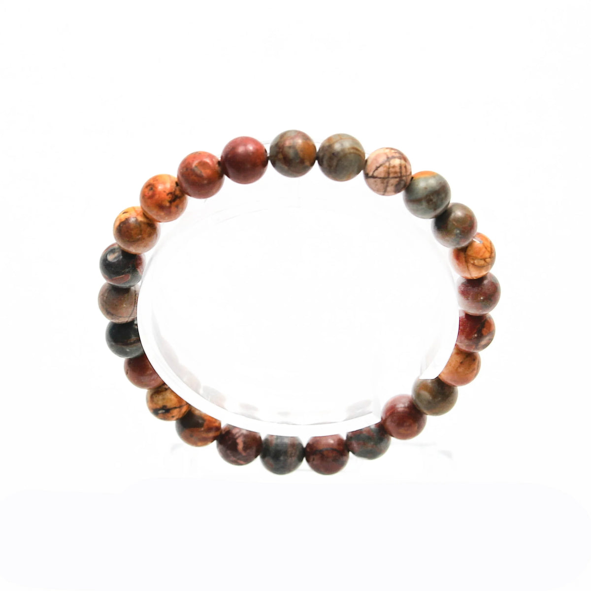 Beaded bracelet with multicolored round stones in earthy tones.