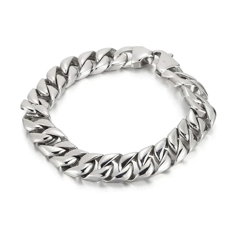 Silver chain bracelet with thick, interlocking links.