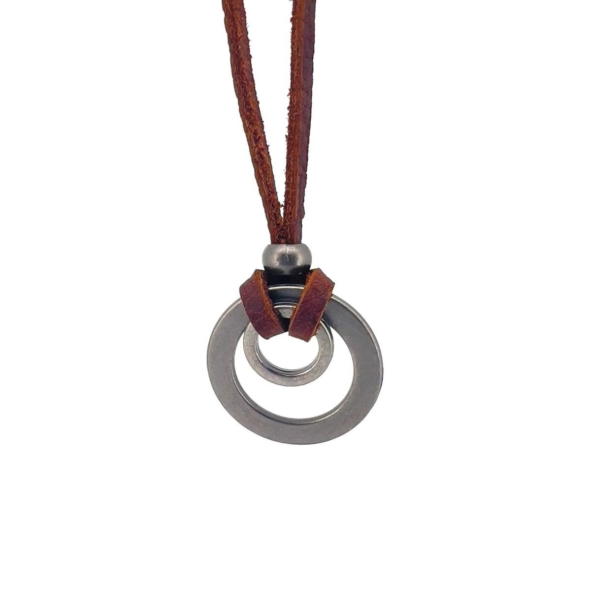 Pendant necklace with double metal rings on a brown leather cord.