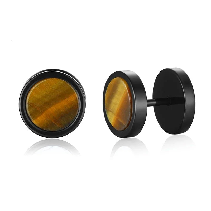 Pair of black stud earrings with amber-colored stone inlays.