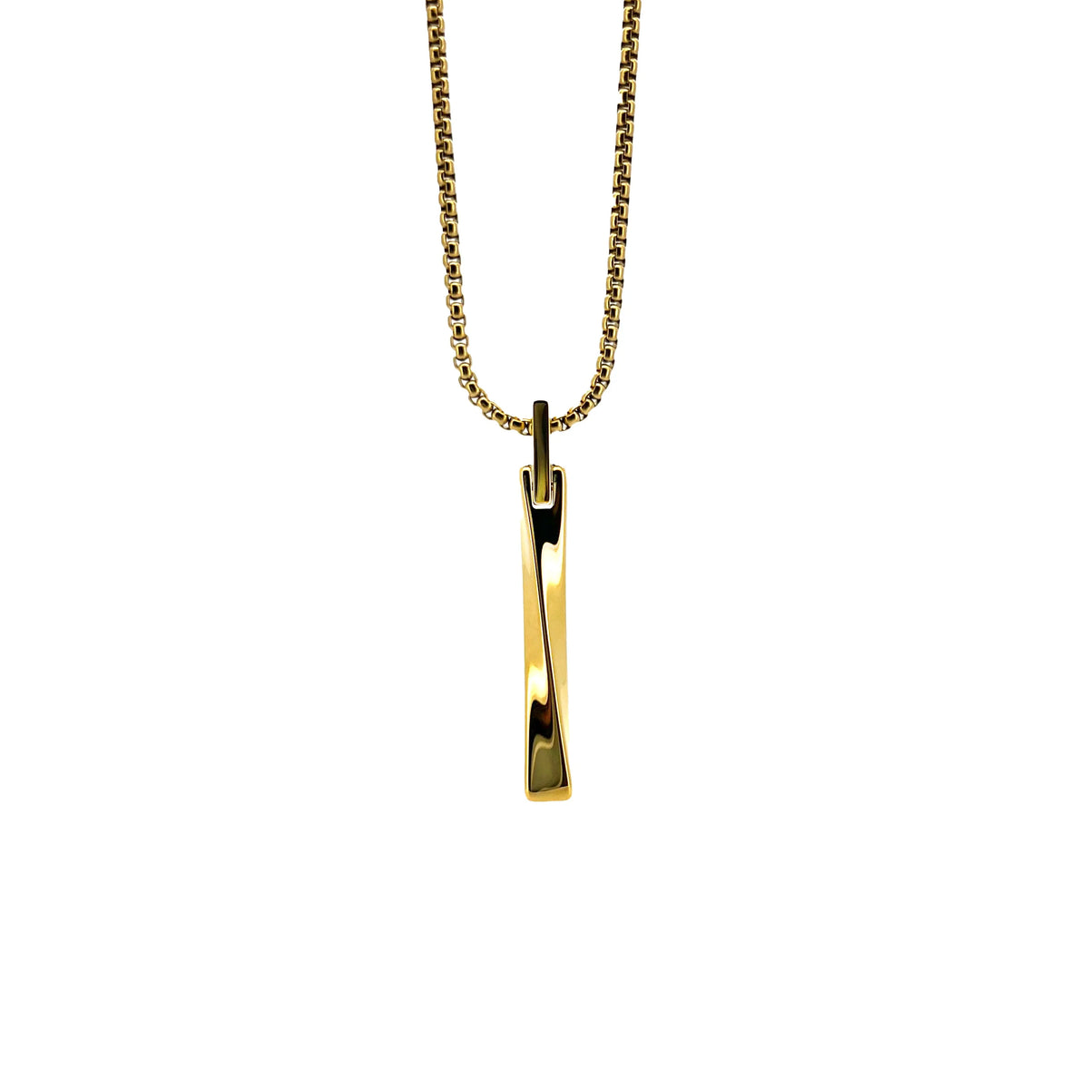 Gold twisted bar pendant necklace with a box chain.