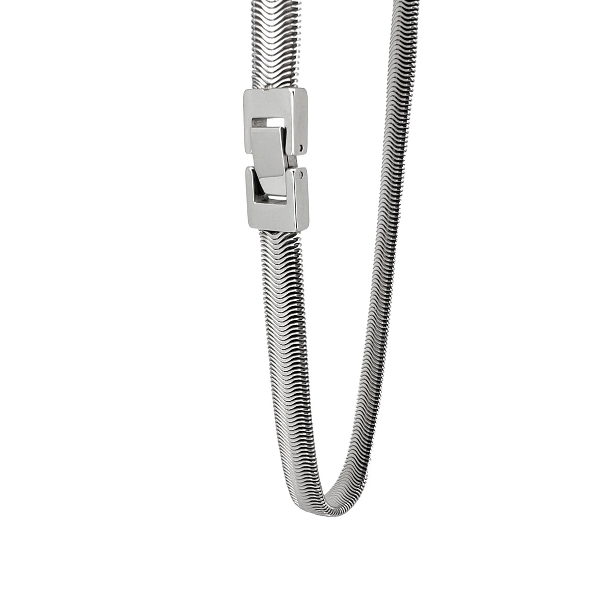 Metal snake chain necklace with a rectangular clasp.