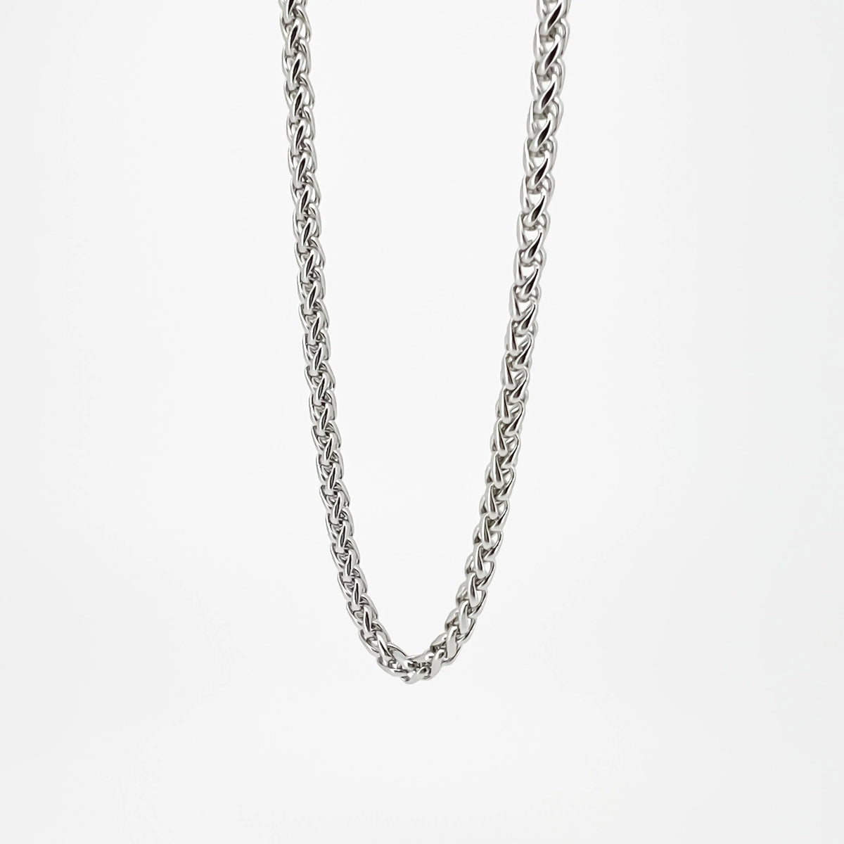 Silver chain necklace with interlocking links.