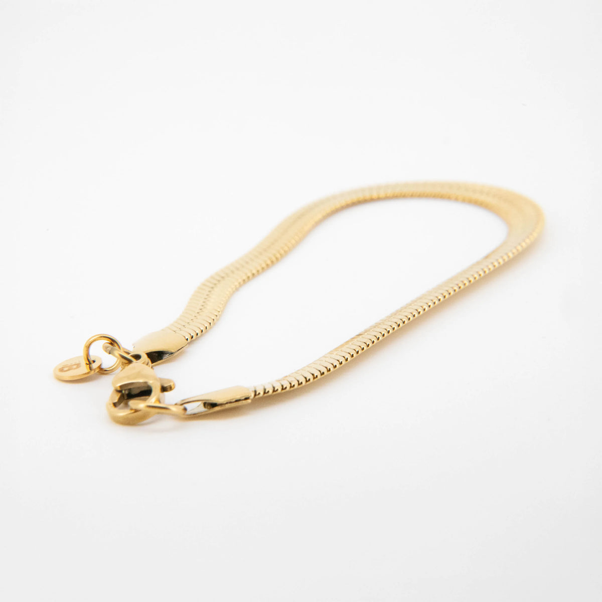 Gold-toned snake chain bracelet with clasps at both ends.