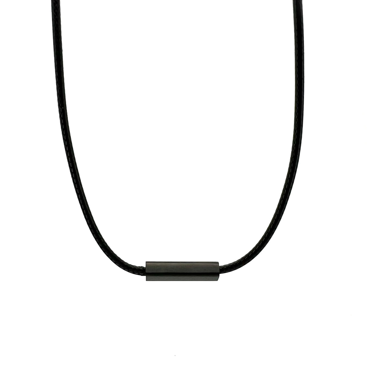 Black cord necklace with a simple cylindrical pendant.