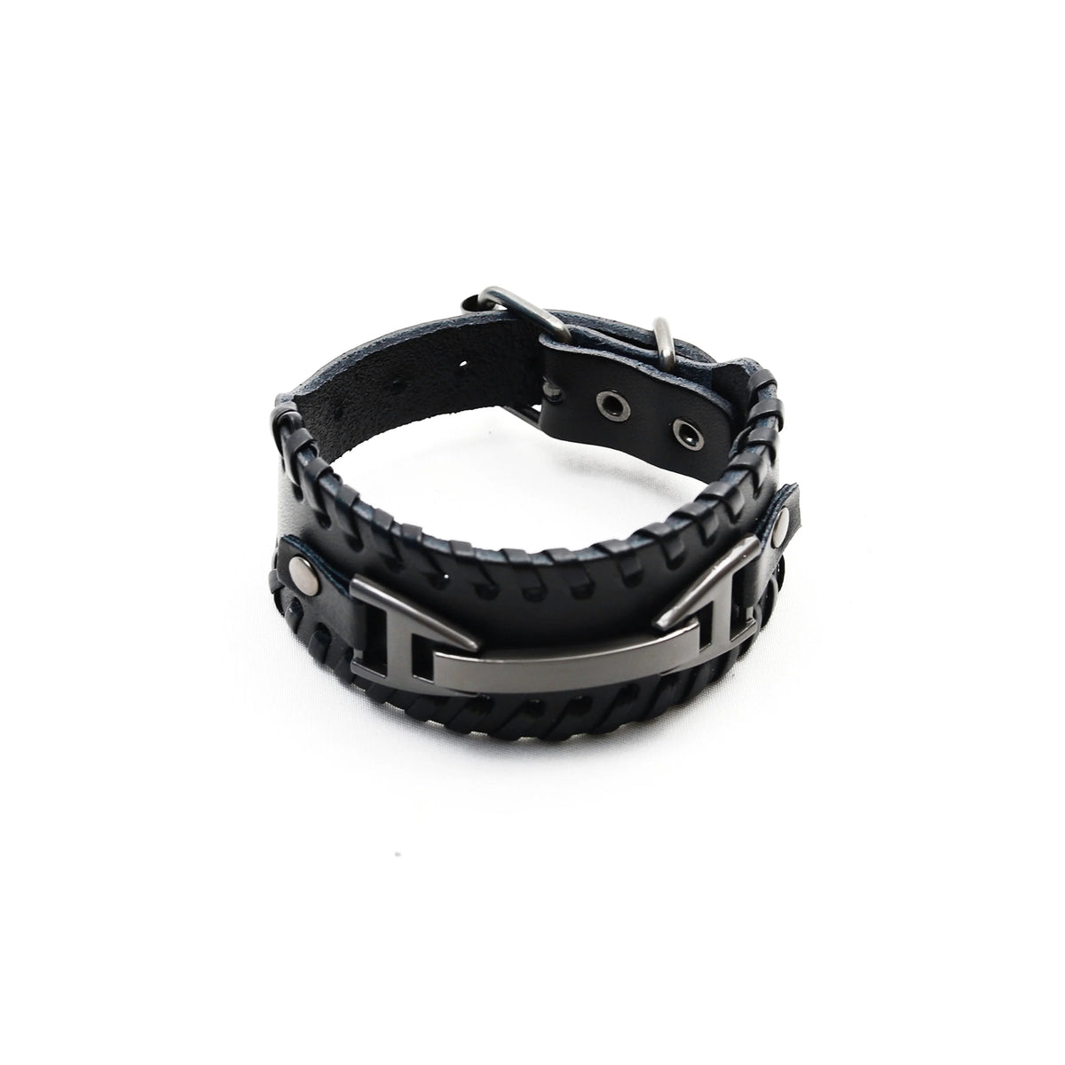 Black leather bracelet with metal accents and a buckle closure.