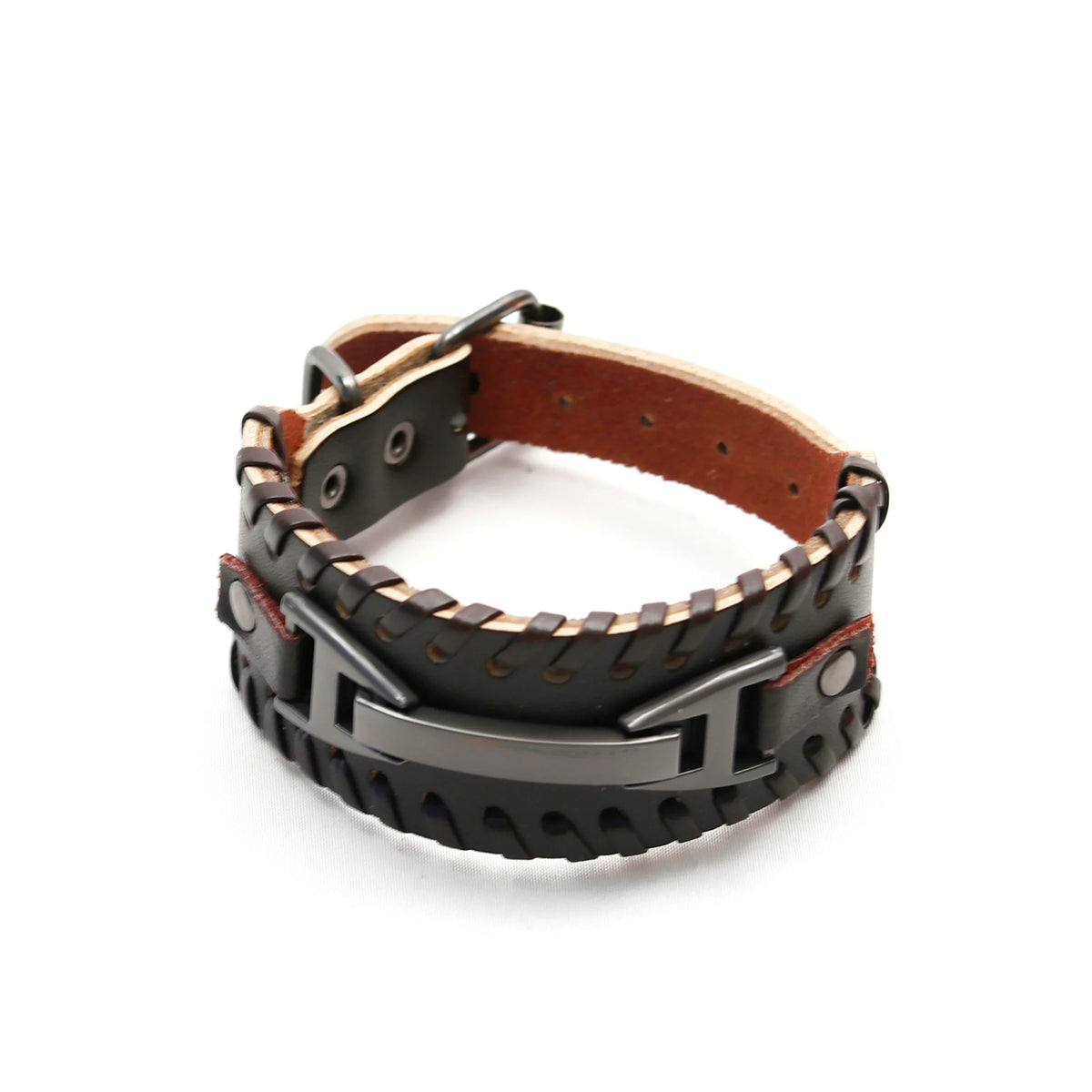 Black leather bracelet with metal accents and woven edge detailing.