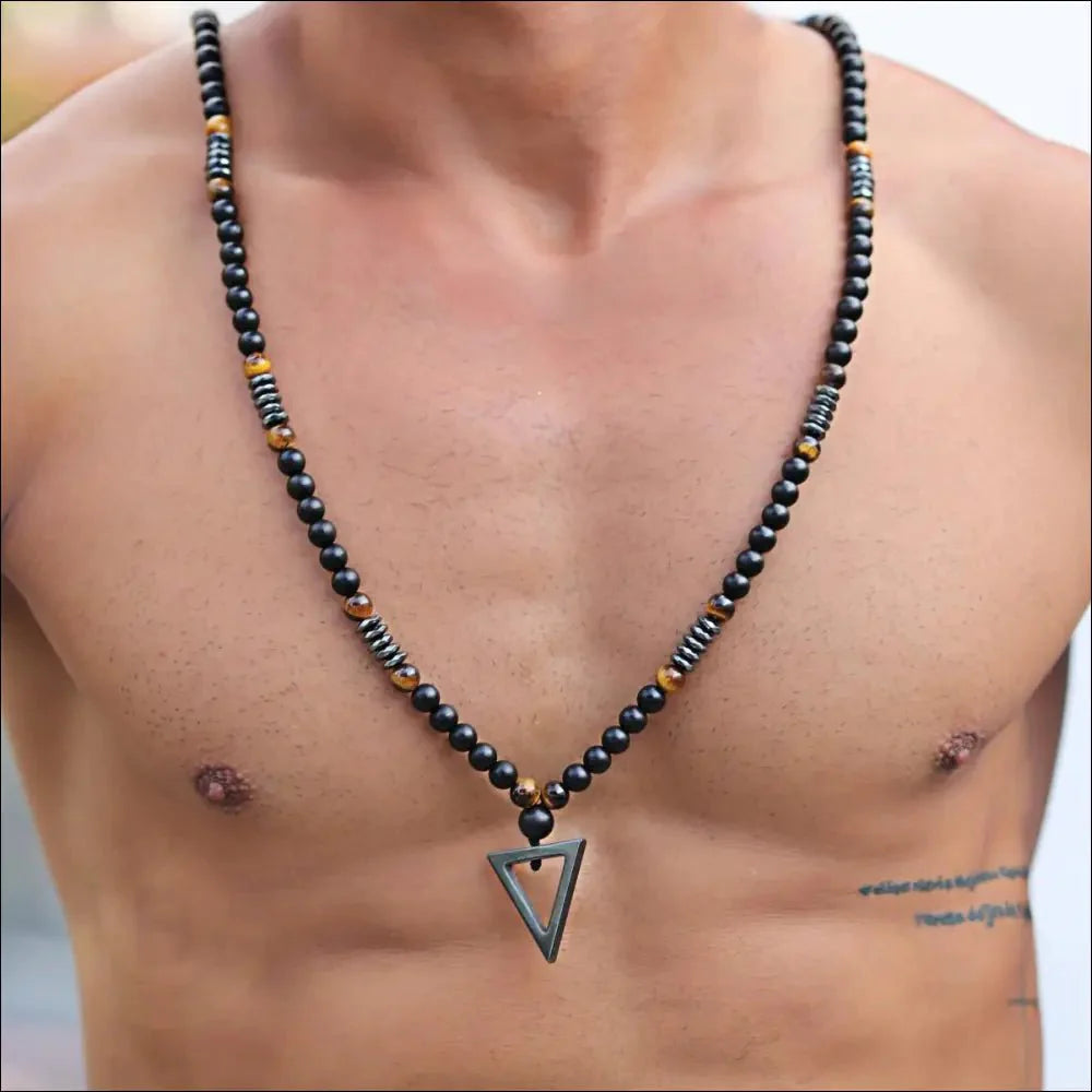 Soeren Beaded Hematite Necklace with Triangle Pendant - BERML BY DESIGN JEWELRY FOR MEN