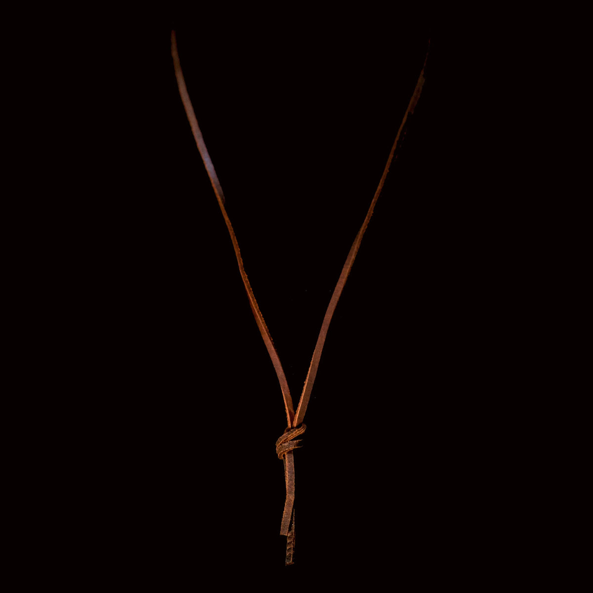 Leather cord necklace with a wooden or bone pendant tied at the bottom.