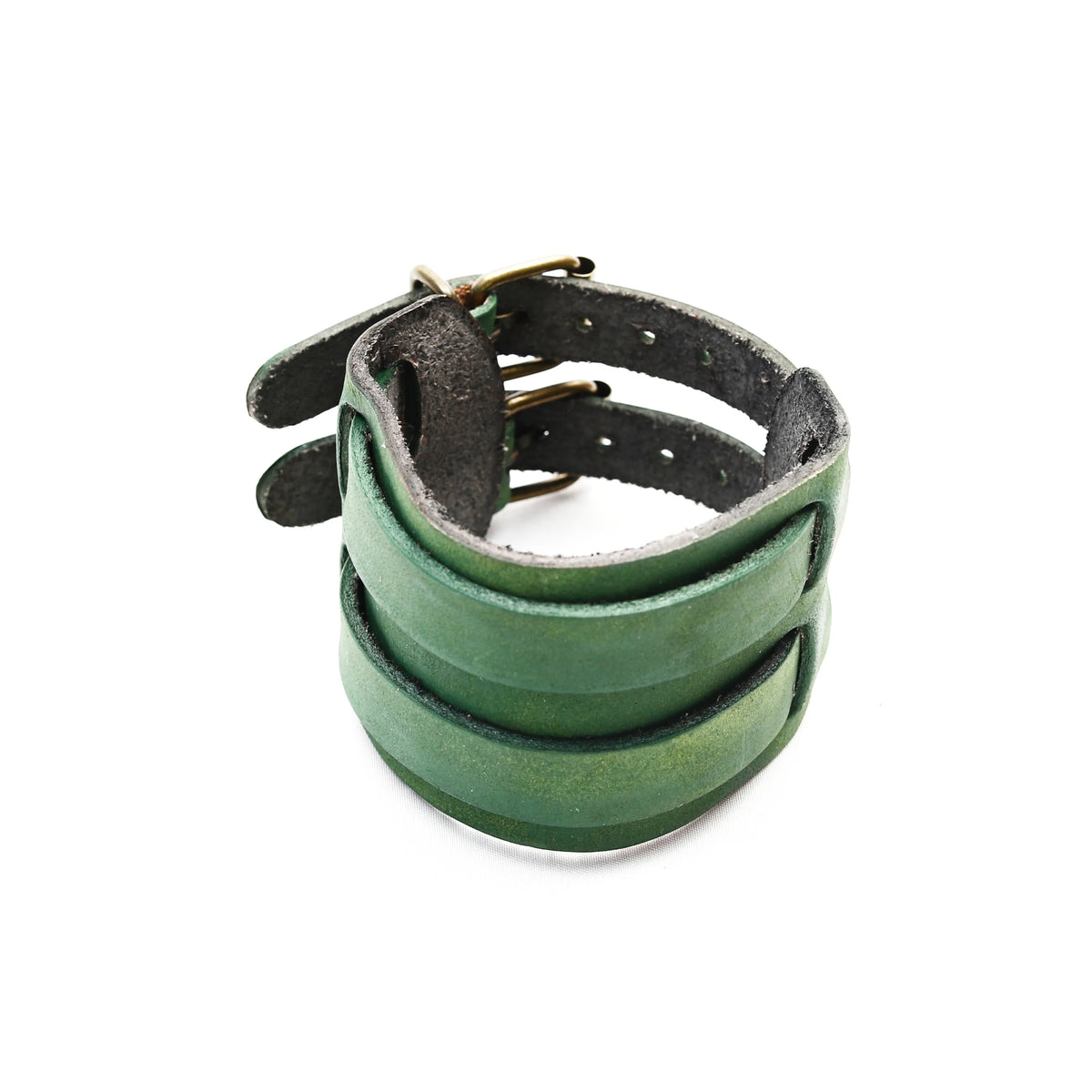 Green leather cuff bracelet with two buckles.