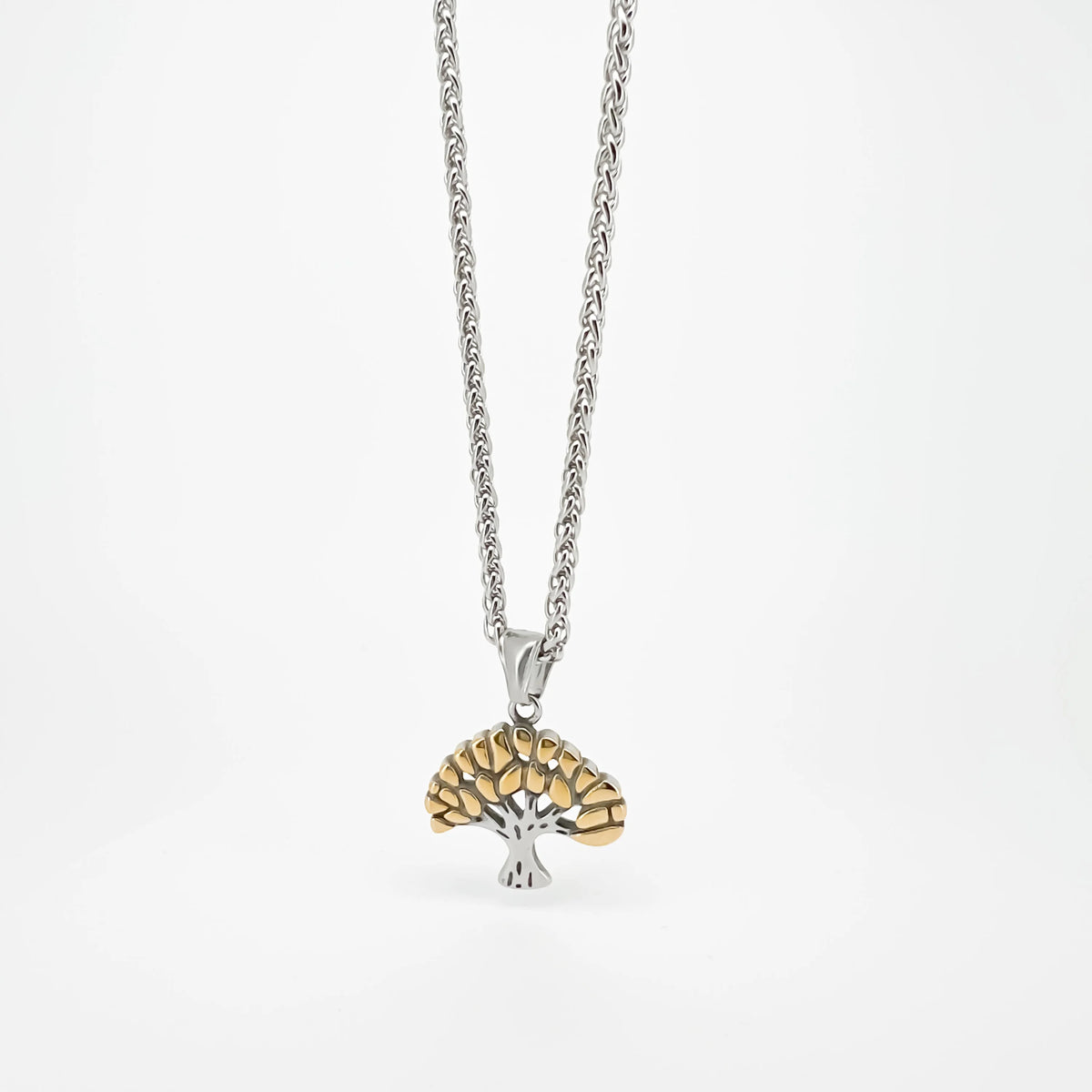 Delicate fan-shaped pendant necklace with silver chain and gold-toned accents.