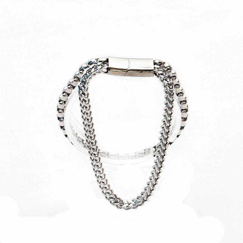 Silver multi-strand bracelet with a magnetic clasp.