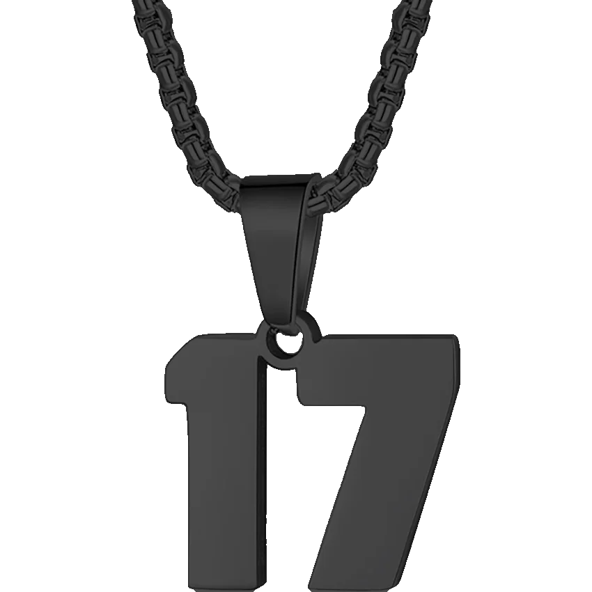 Black metal pendant necklace featuring the number 17.