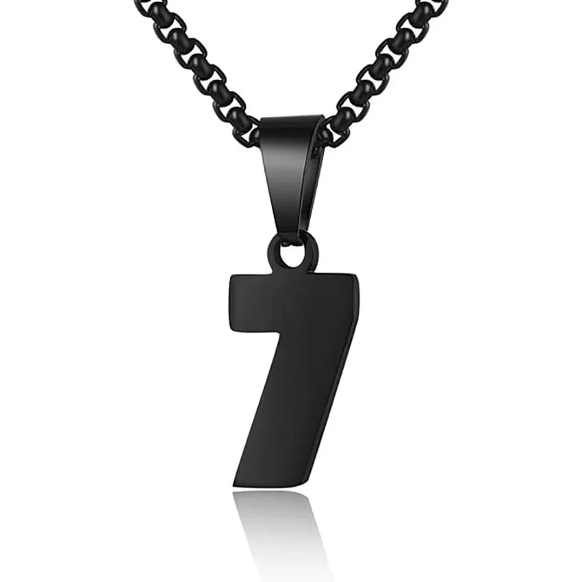 Black metal pendant necklace featuring the number 7.