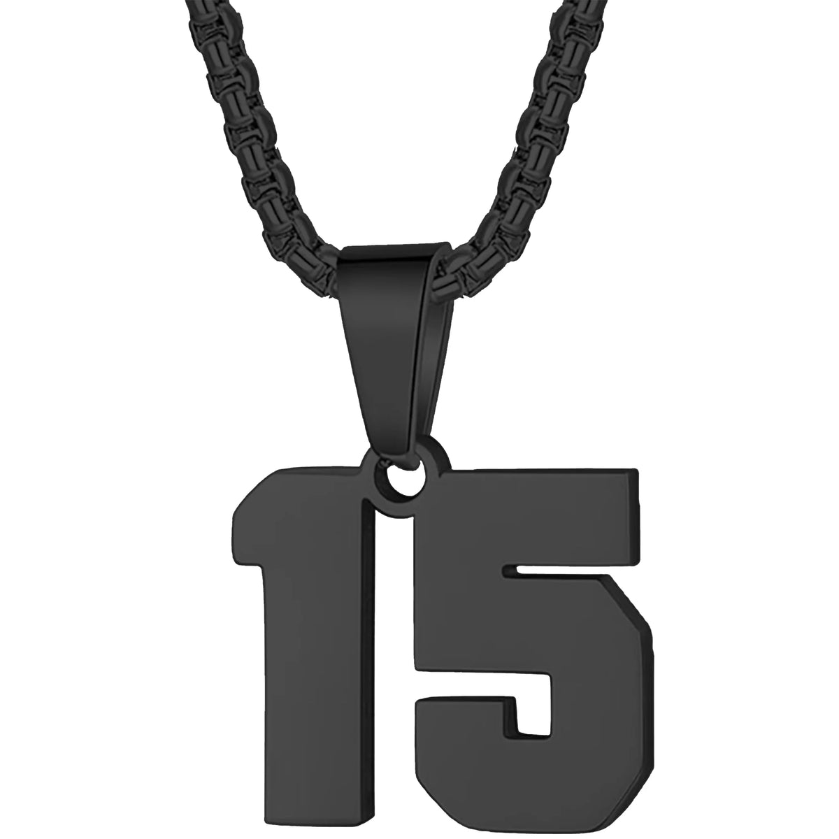 Black metal pendant necklace featuring the number 15.