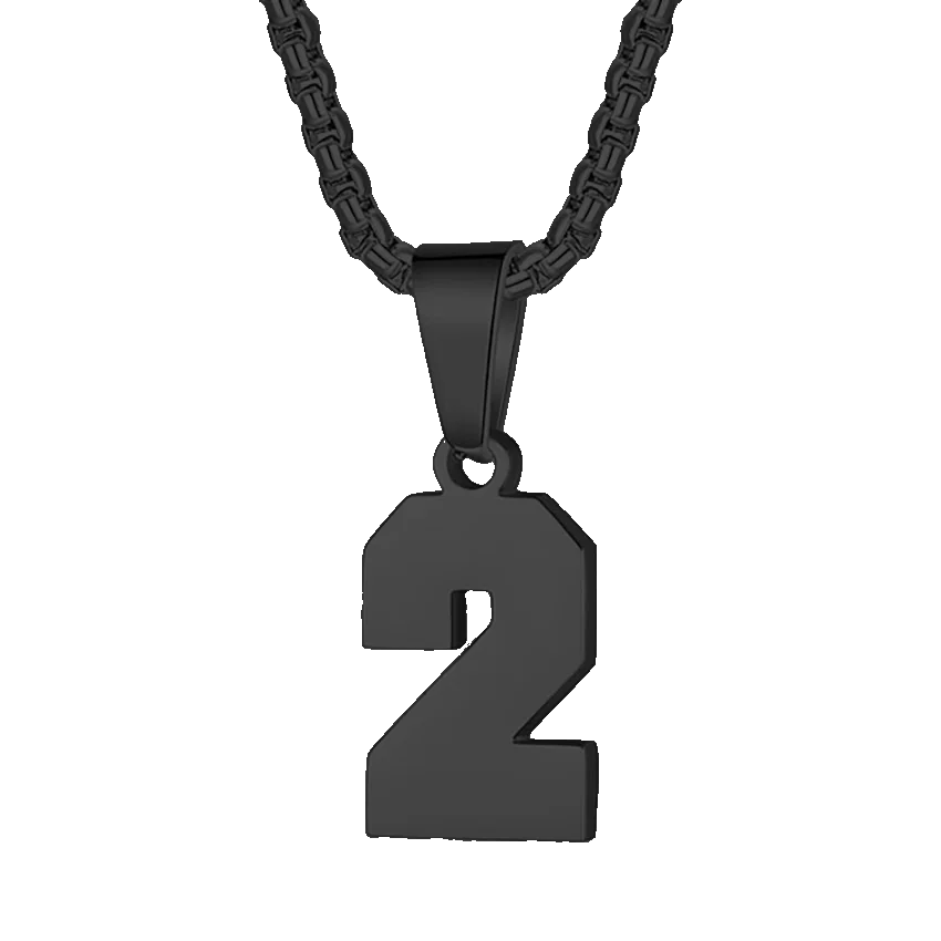 Black metal pendant necklace featuring the number 2.