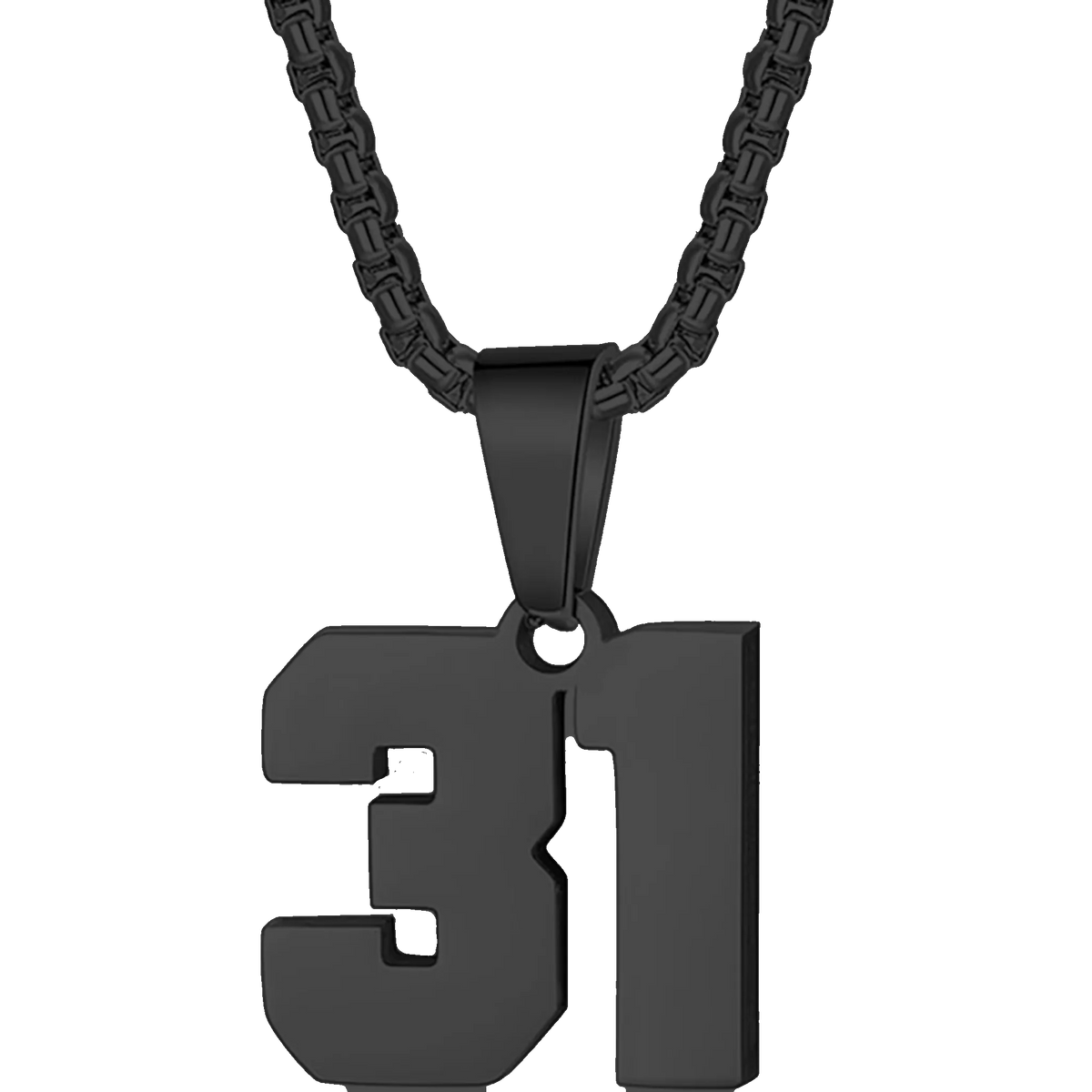 Black metal pendant necklace featuring the number ’31’ as the charm.