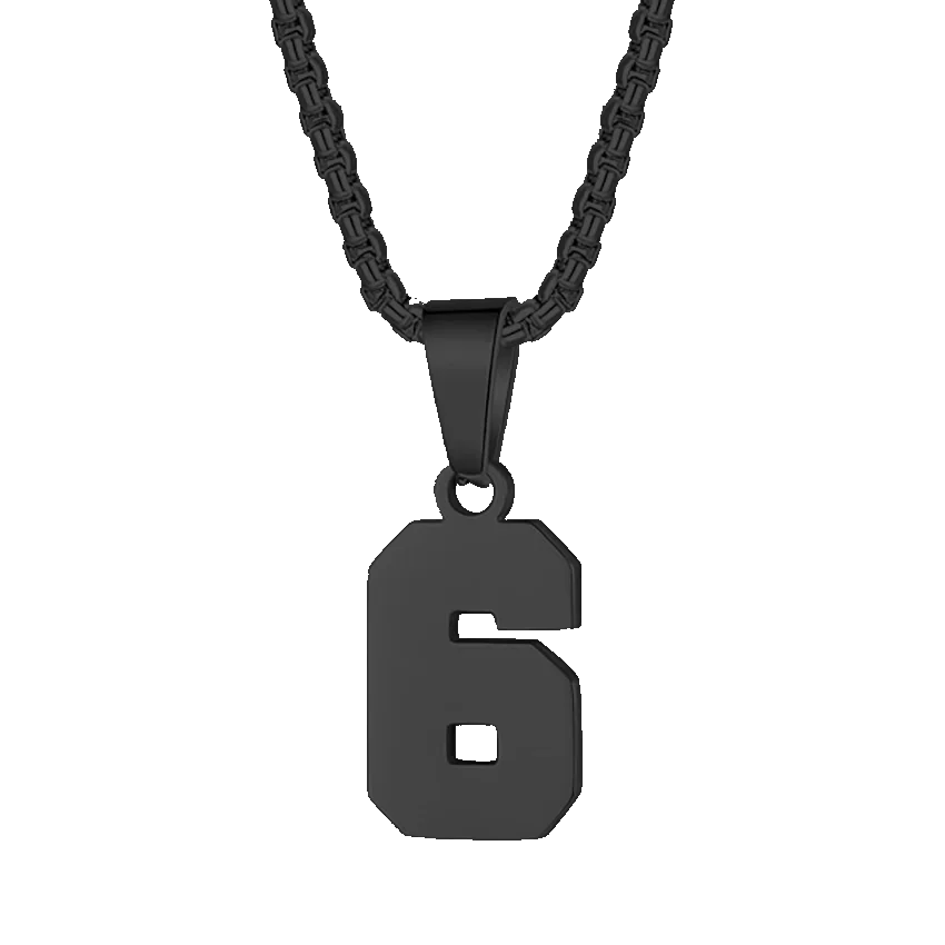 Black metal pendant necklace featuring the number 6.